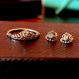 Pandora Fairytale Tiara ring SIZE 9 and My princess earrings in sterling silver